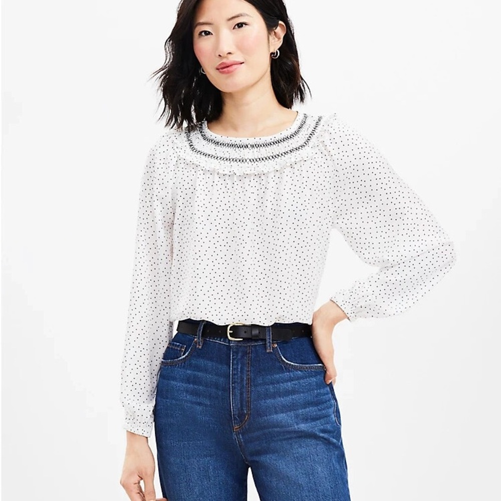 LOFT White and Black Polka Dot Blouse